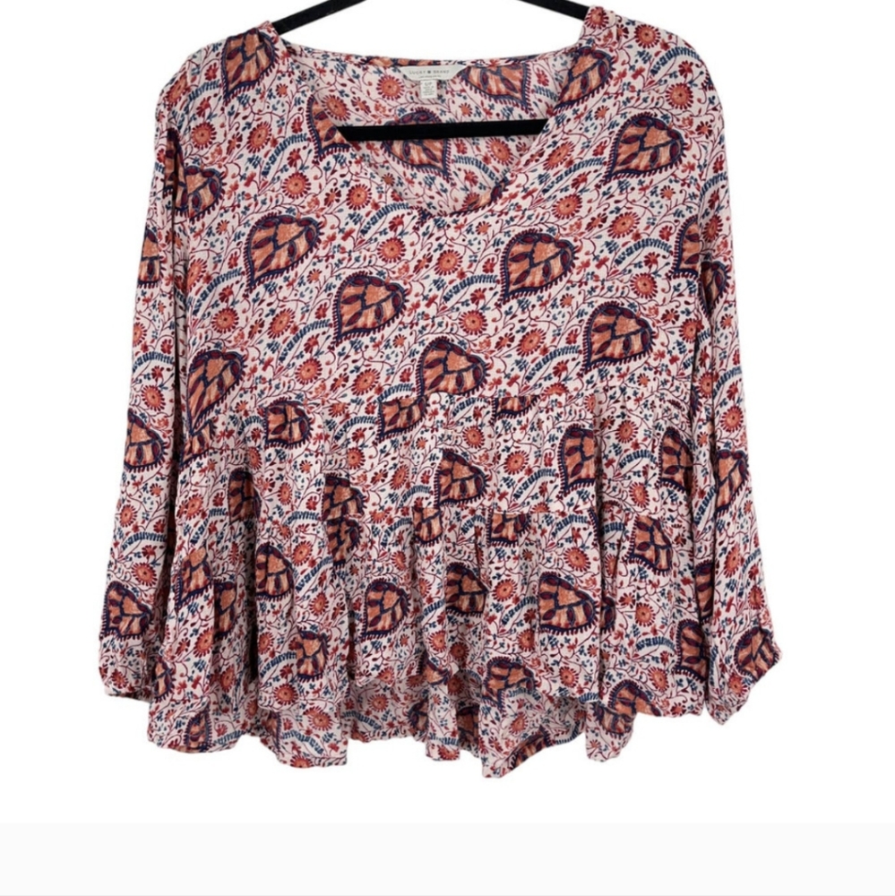 Lucky Brand Women XS Floral Paisley Peplum VNeck Long Sleeve Boho Blouse NWT 644